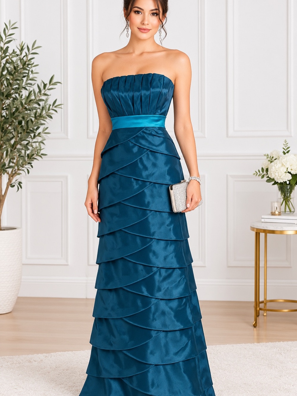 Max & Cleo Size 10 Gem Blue Strapless Tiered Satin Formal Gown